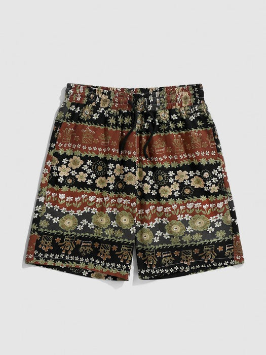 Floral Shirt And Drawstring Pockets Shorts Set