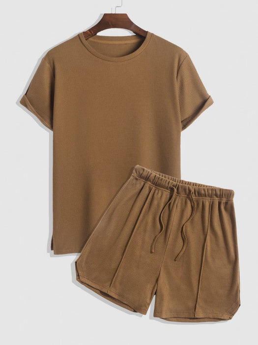 Textured T Shirt And Drawstring Shorts Set