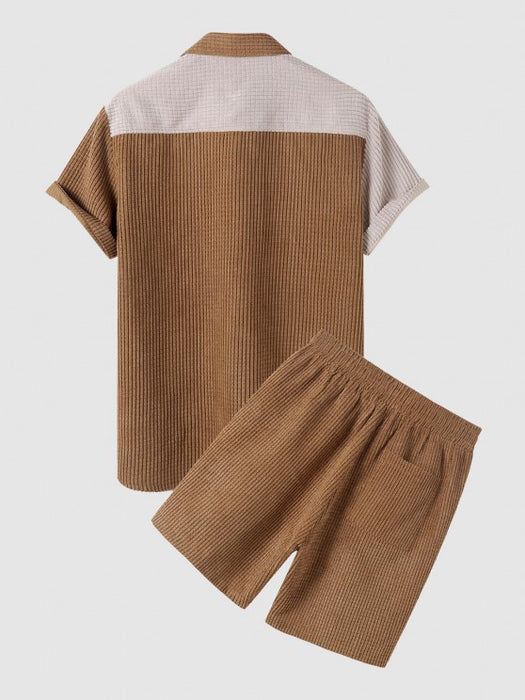 Front Pocket Corduroy Shirt And Shorts Set