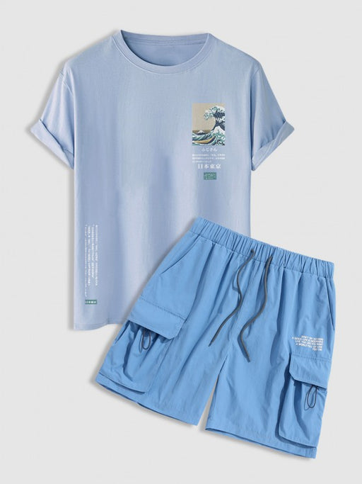 Wave Printed T Shirt And Letter Printed Cargo Shorts Set - Grafton Collection