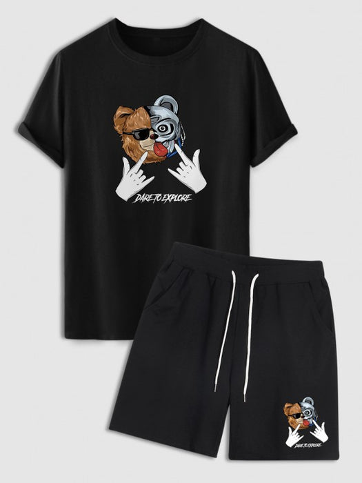 Cartoon Bear Pattern T Shirt And Shorts Set