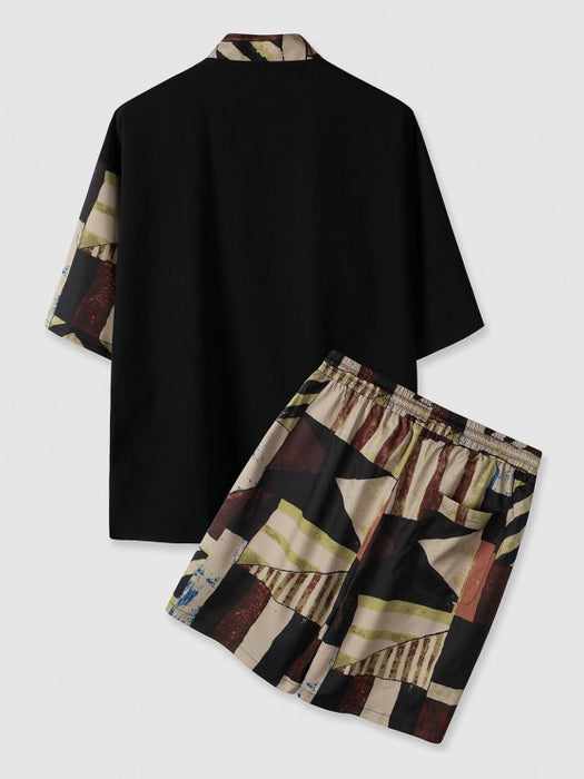 Geometric Pattern Lace Up Kimono With Casual Shorts Set