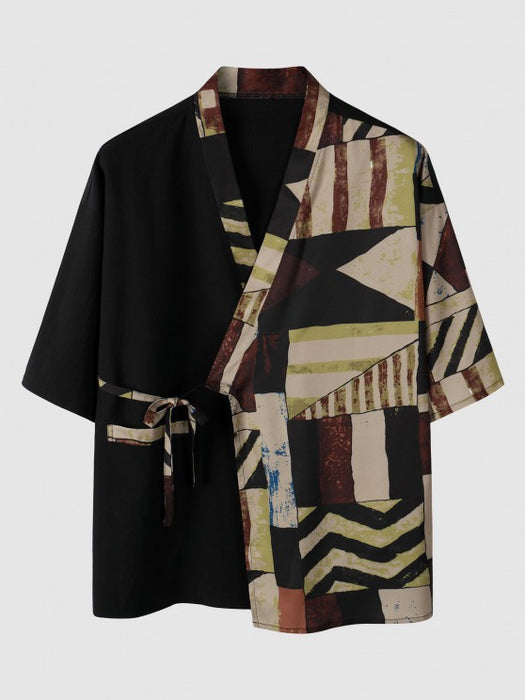 Geometric Pattern Lace Up Kimono With Casual Shorts Set