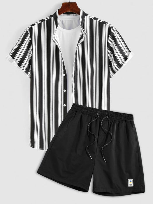 Striped Stand Collar Shirt And Shorts