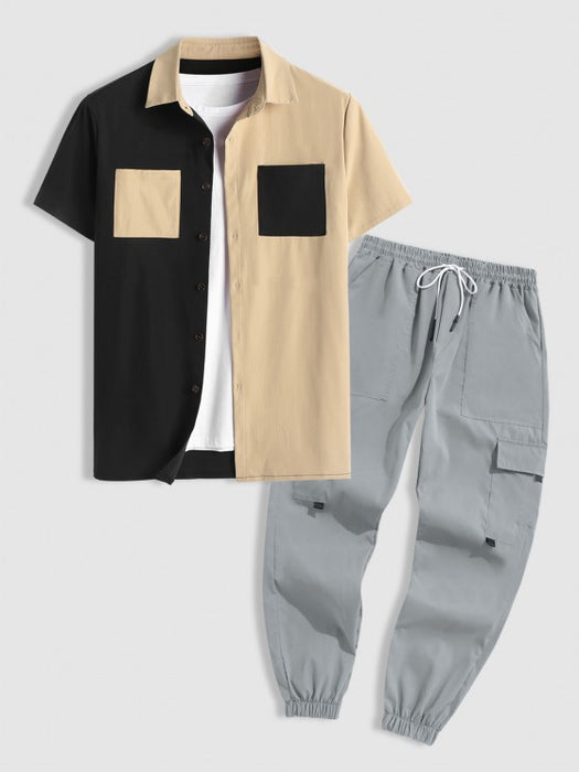 Two Tone Short Sleeves Shirt And Pants Set