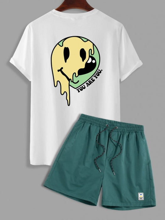 Cartoon Smile Print T Shirt And Shorts Set