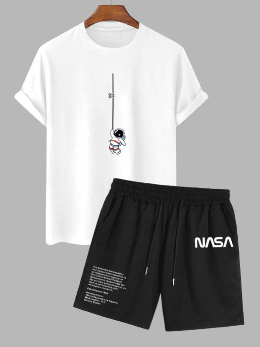 Graphic Astronaut Print T Shirt And Letter Shorts Set - Grafton Collection