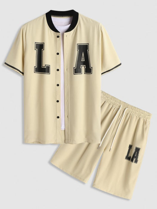 LA Print Stand Collar Shirt With Shorts Set