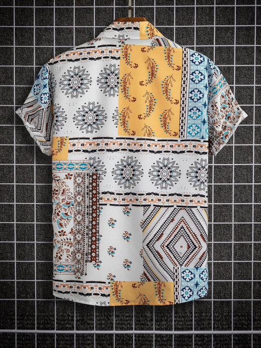 Retro Floral Print Shirt With Basic Shorts Set