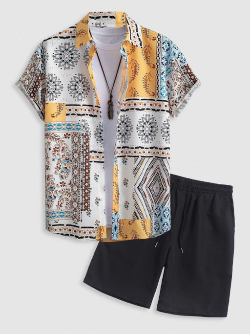 Retro Floral Print Shirt With Basic Shorts Set - Grafton Collection