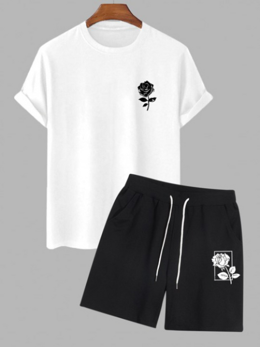Casual Rose Printed T-Shirt And Sweat Shorts