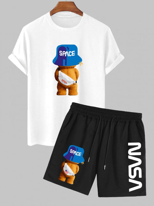 Space Bear Pattern T Shirt And Sweat Shorts Set