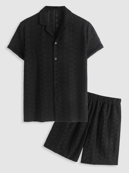 2 Pieces Plain Netted Shirt And Shorts