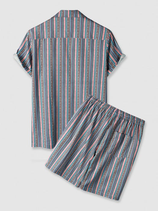 Retro Striped Geo Pattern Short Sleeves Shirt And Shorts Set - Grafton Collection
