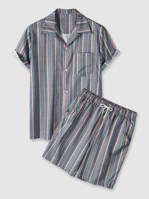 Retro Striped Geo Pattern Short Sleeves Shirt And Shorts Set - Grafton Collection