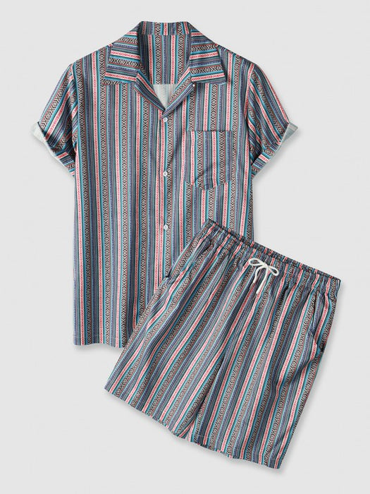 Retro Striped Geo Pattern Short Sleeves Shirt And Shorts Set