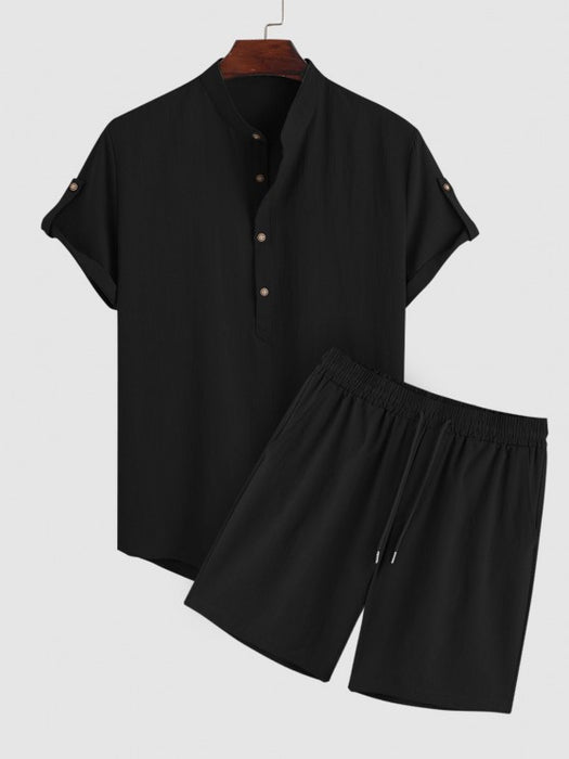 Half Button Shirt And Drawstring Shorts Set