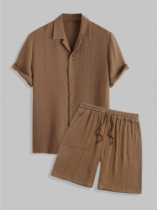 Textured Wrinkle Shirt And Drawstring Shorts Set