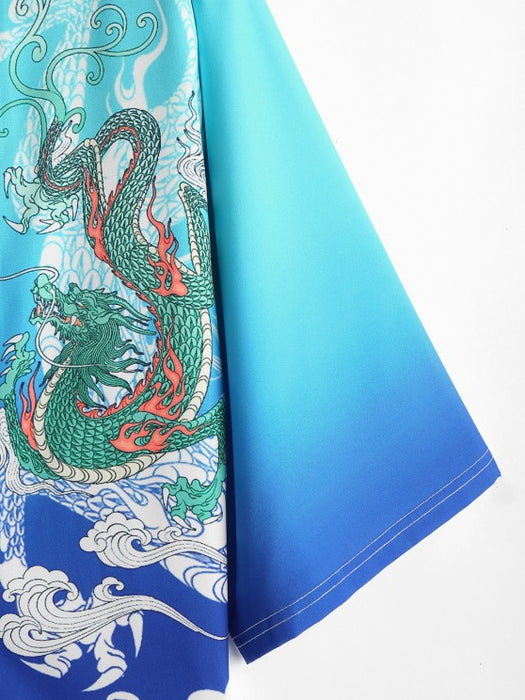 Dragon Printed Front Kimono And Shorts
