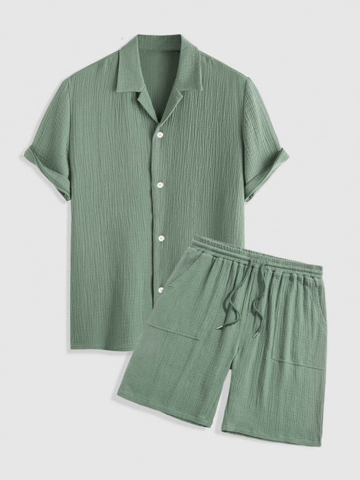Textured Wrinkle Shirt And Drawstring Shorts Set - Grafton Collection