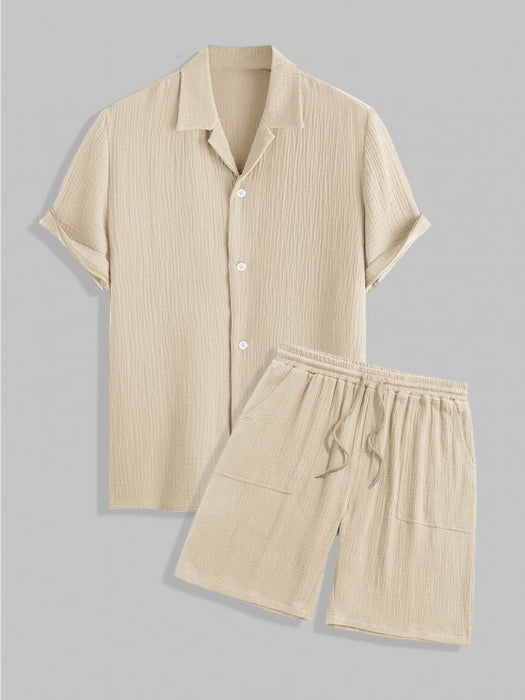Textured Wrinkle Shirt And Drawstring Shorts Set