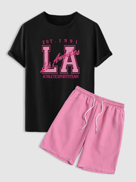 Letter Printed T-Shirt And Casual Shorts Set - Grafton Collection
