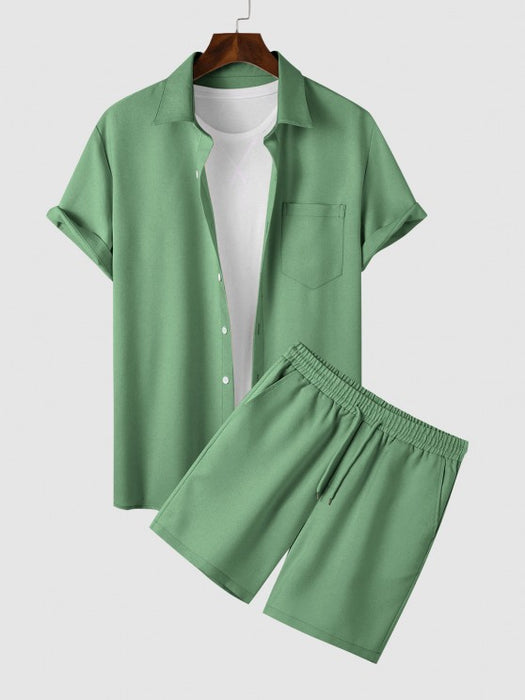 Solid Color Shirt And Casual Shorts Set