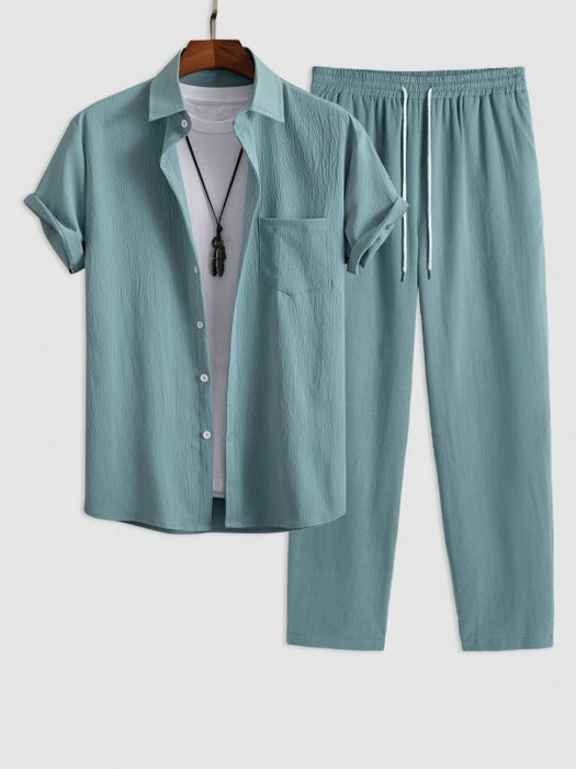 Linen Blend Shirt And Casual Pants Set