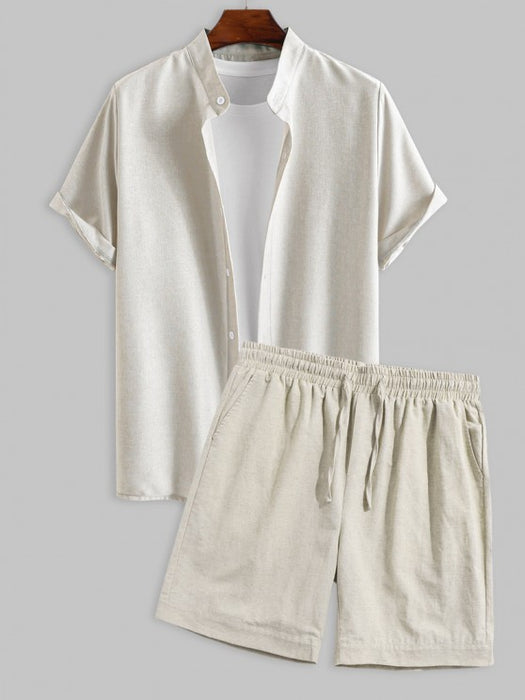 Plain Button Fly Shirt And Drawstring Shorts