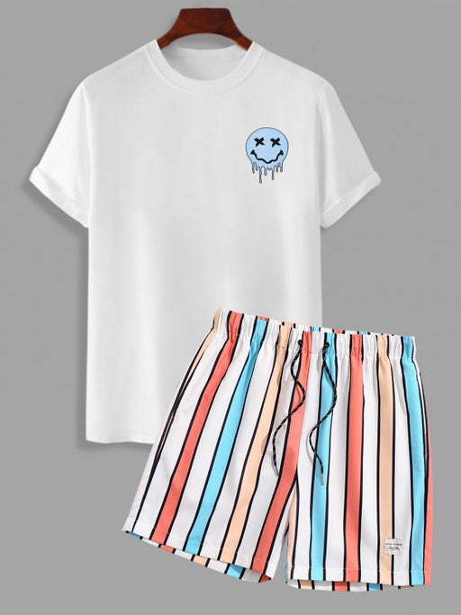 Funny Smile Print And Striped Shorts Set - Grafton Collection