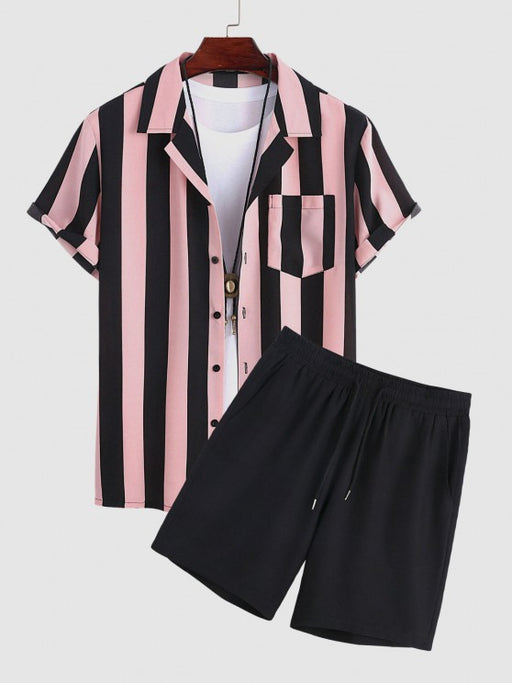 Lapel Collar Shirt And Drawstring Shorts Set - Grafton Collection