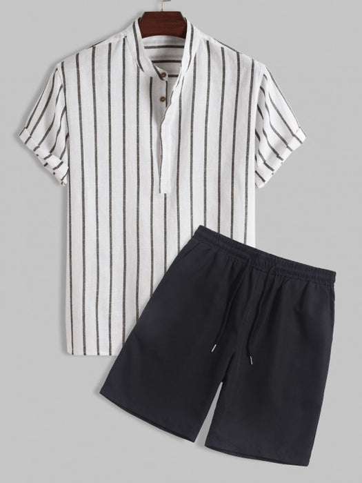 Vertical Striped Pullover Shirt And Shorts Set