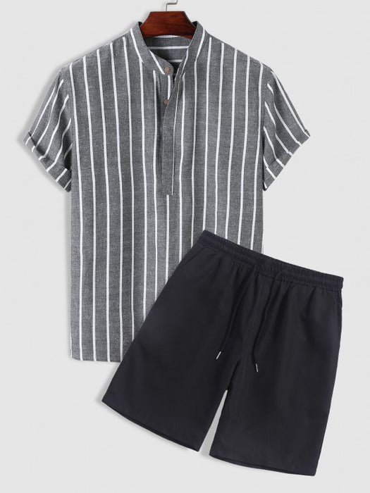 Vertical Striped Pullover Shirt And Shorts Set