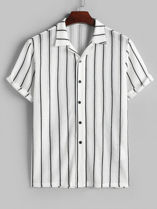 Contrast Vertical Stripes Knit Shirt And Drawstring Shorts Set