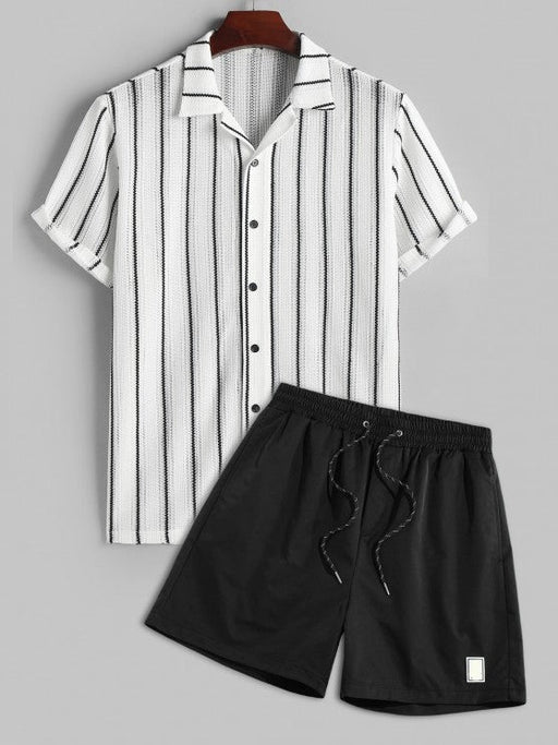 Contrast Vertical Stripes Knit Shirt And Drawstring Shorts Set - Grafton Collection