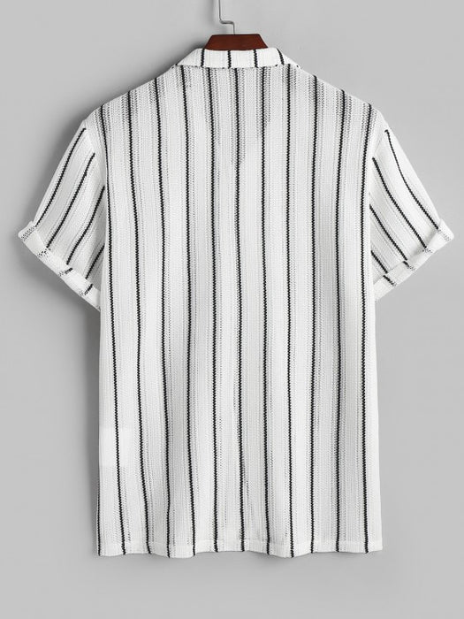 Contrast Vertical Stripes Knit Shirt And Drawstring Shorts Set