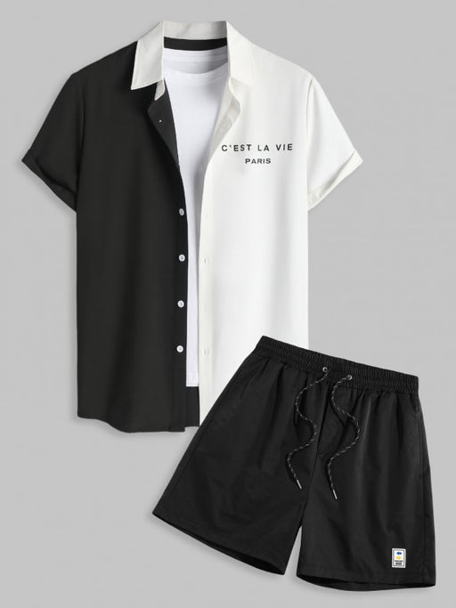 Two Tone Button Up Shirt And Drawstring Shorts Set - Grafton Collection