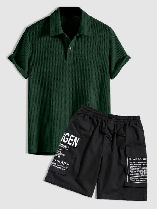 Plain Textured Collar T Shirt And Cargo Shorts