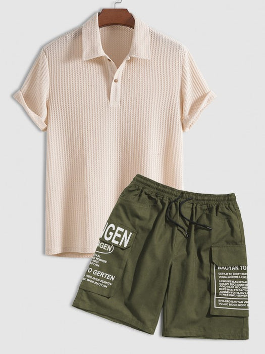 Plain Textured Collar T Shirt And Cargo Shorts - Grafton Collection