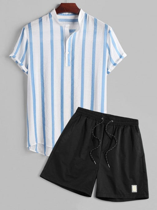 Striped Button Placket Shirt And Shorts Set - Grafton Collection