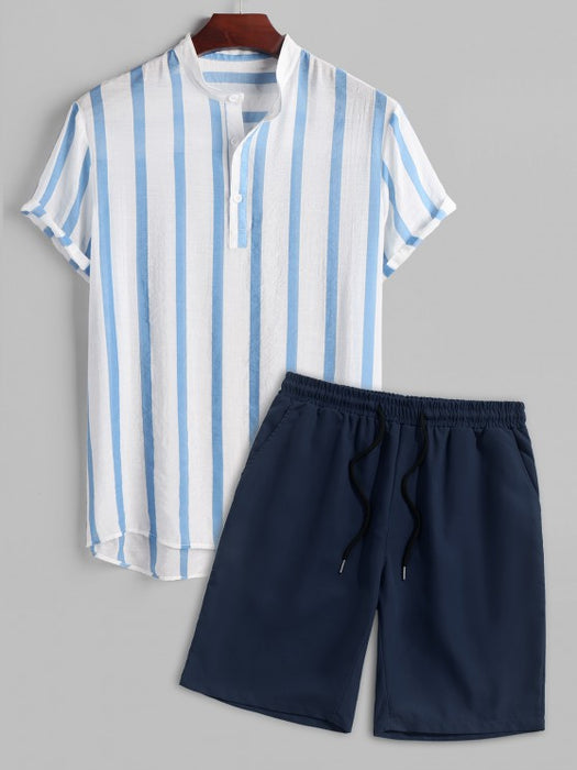 Striped Button Collar Shirt And Shorts