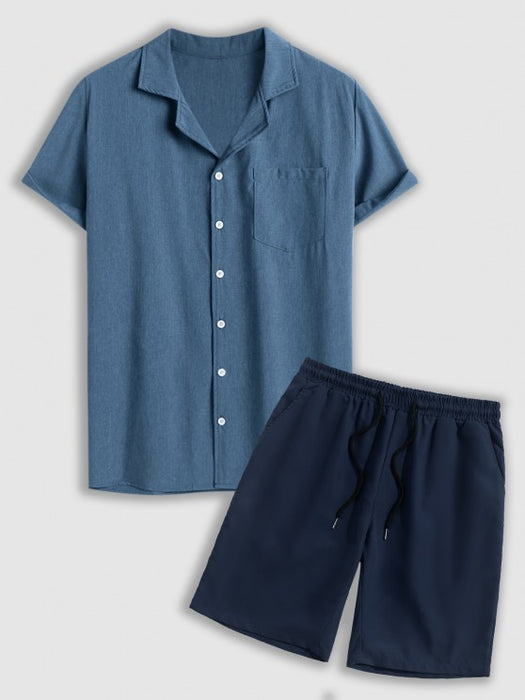 Lapel Collar Shirt And Basic Shorts Set