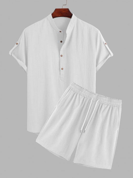 Half Button Shirt And Drawstring Shorts Set