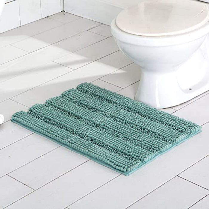 Green Stripe Chenille Microfiber Bath Mat Rug- Ultra Soft Thick Absorbent Non Slip Shaggy Plush Floor Rugs for Bathroom, Machine Washable