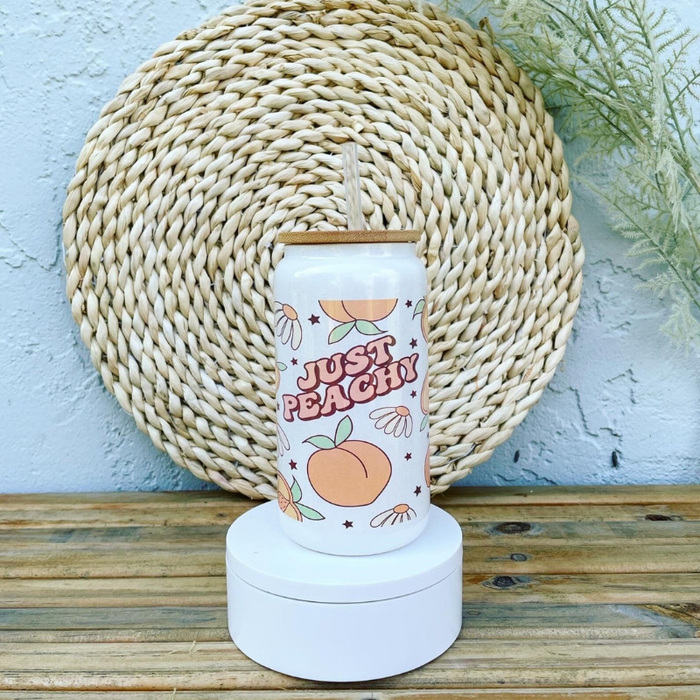 Just Peachy Text Printed 16oz Glass Can With Lid