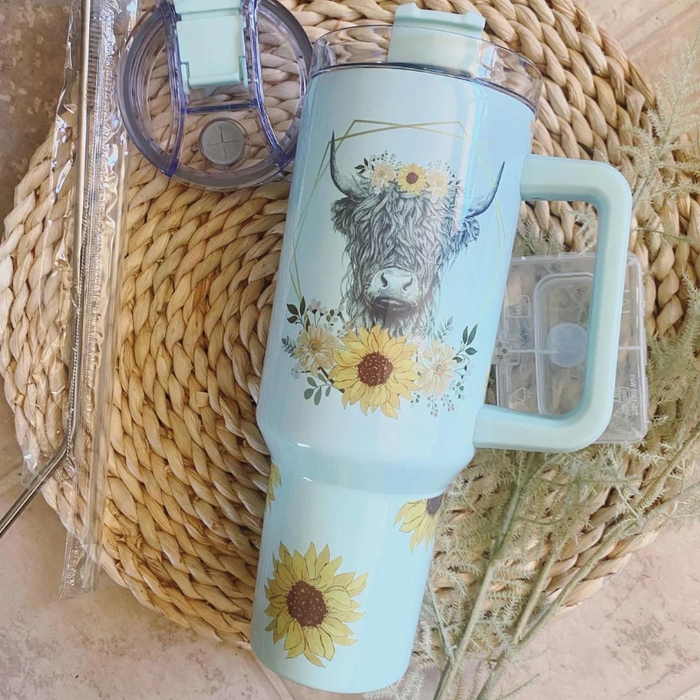 Sunflower And Cow Printed Insulated Tumbler