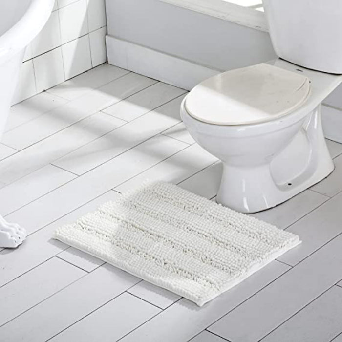 White Stripe Chenille Microfiber Bath Mat Rug- Ultra Soft Thick Absorbent Non Slip Shaggy Plush Floor Rugs for Bathroom, Machine Washable - Grafton Collection