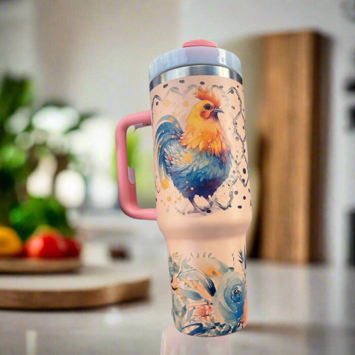 Rooster Floral Printed 40oz Insulated Tumbler With Handle