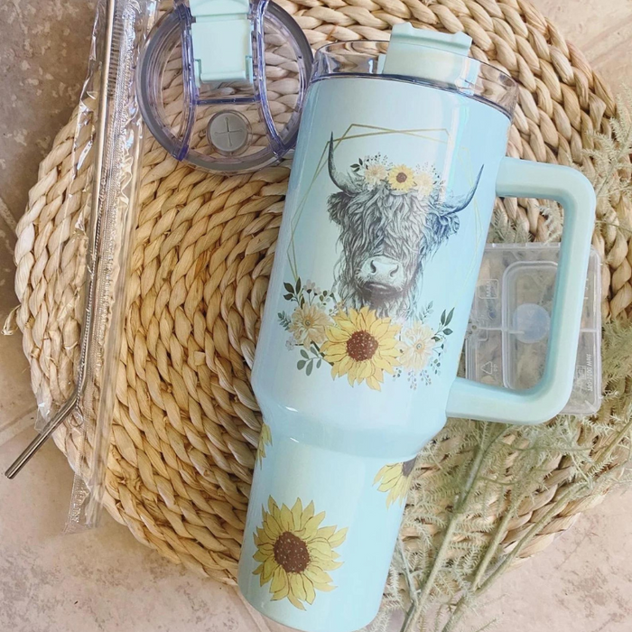 Sunflower And Cow Printed Insulated Tumbler