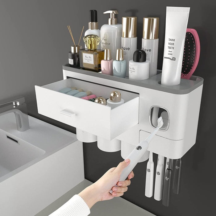 Toothbrush Holders For Bathrooms, Toothbrush Holder Wall Mounted With Toothpaste Dispenser, Large Capacity Tray, Cosmetic Drawer And Brush Slots With Cover Tooth Brush Holder